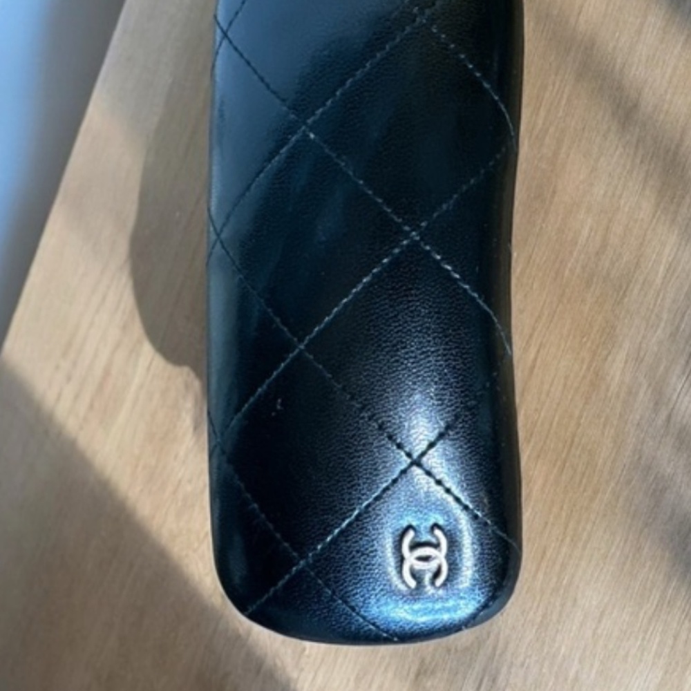 CHANEL Authentic Black Leather Quilted Eyeglass Case